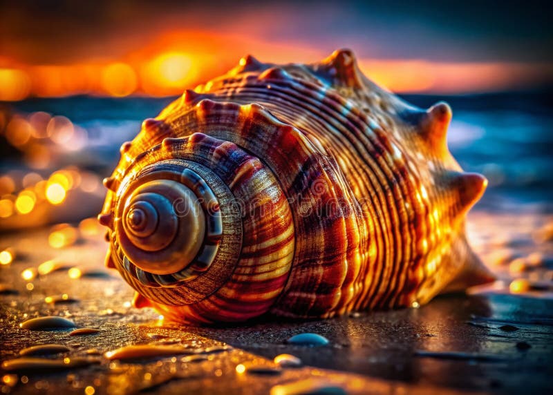 A Detailed CloseUp of a Weathered Seashell Unveiling Intricate Patterns in Soft LowLight Conditions stock illustration