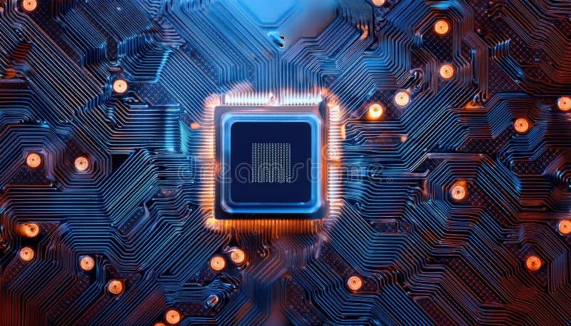 Detailed cpu on a circuit board highlighting microchip components and glowing transistor design stock illustration