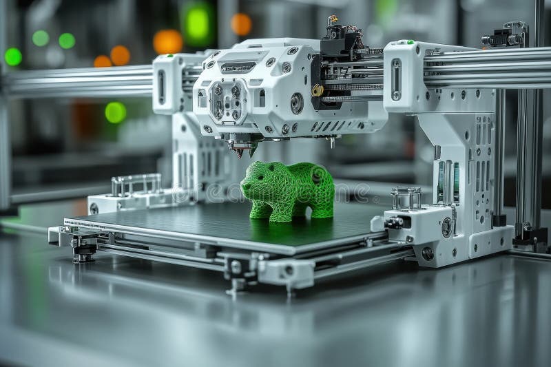 3D printer creating a green model with sleek design and modern technology in a workshop setting stock photos