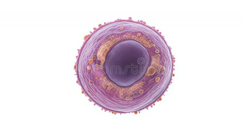 Detailed 3D Render of a Human Cell with Nucleus and Cellular Structures on White Background with stock illustration