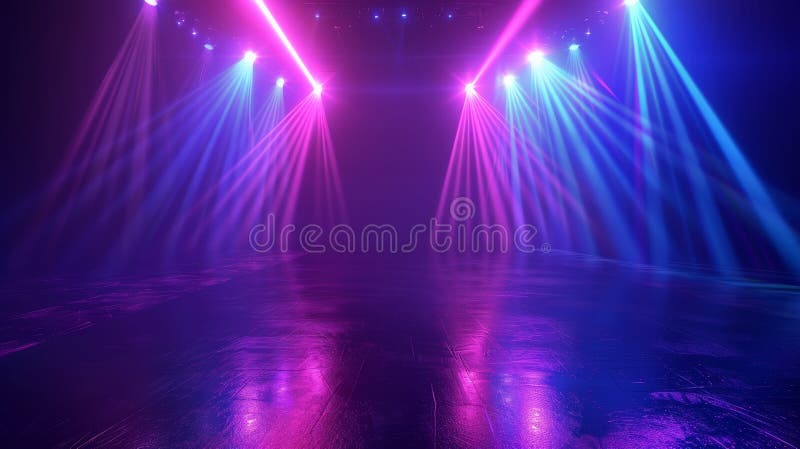 Detailed 3D render of a stage with blue, pink, violet lighting, lens flare effect, rays of glowing neon light, abstract vector illustration
