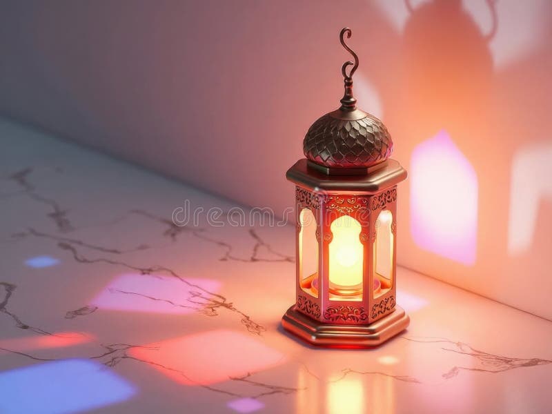 A detailed 3D of a traditional Eid lantern casting colorful geometric shadows on a marble surface in royalty free stock images