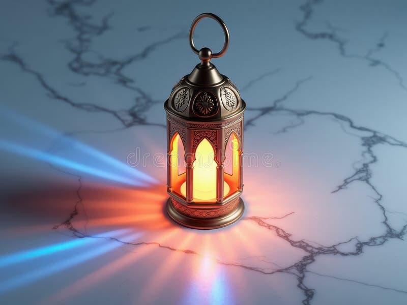 A detailed 3D of a traditional Eid lantern casting colorful geometric shadows on a marble surface in royalty free stock photography