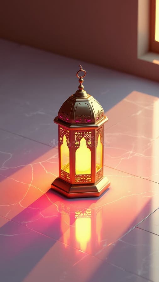 A detailed 3D of a traditional Eid lantern casting colorful geometric shadows on a marble surface in royalty free stock photography