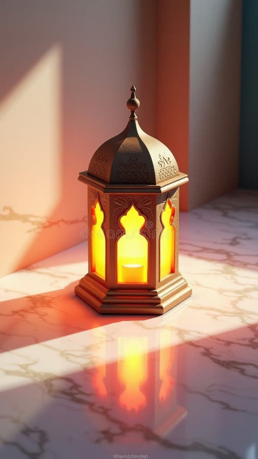 A detailed 3D of a traditional Eid lantern casting colorful geometric shadows on a marble surface in stock photography
