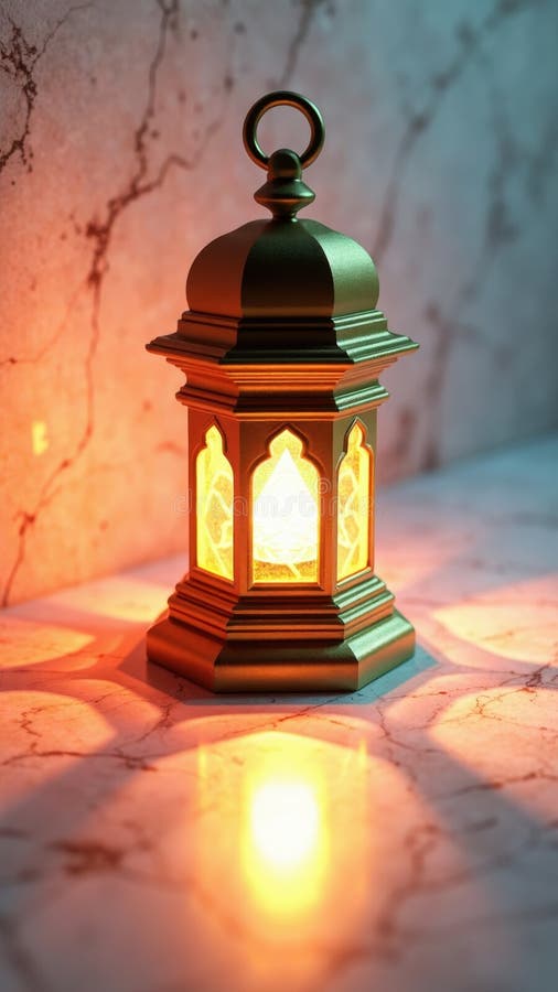 A detailed 3D of a traditional Eid lantern casting colorful geometric shadows on a marble surface in stock photography