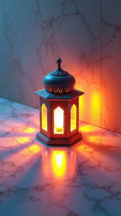 A detailed 3D of a traditional Eid lantern casting colorful geometric shadows on a marble surface in stock photo
