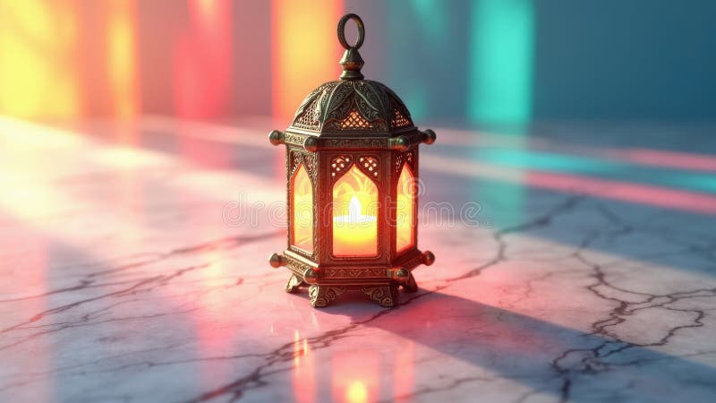 A detailed 3D of a traditional Eid lantern casting colorful geometric shadows on a marble surface in royalty free stock image