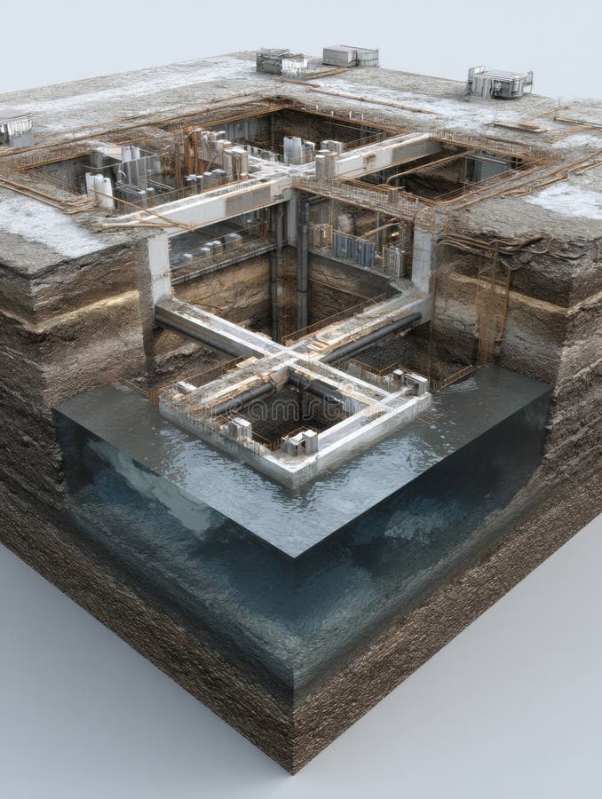 Detailed 3D Visualization of Underground Construction Showing Structural Elements and Excavation Levels in a Subsurface stock images
