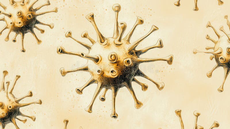 Detailed depiction of virus cells with spikes in abstract style against light background royalty free illustration