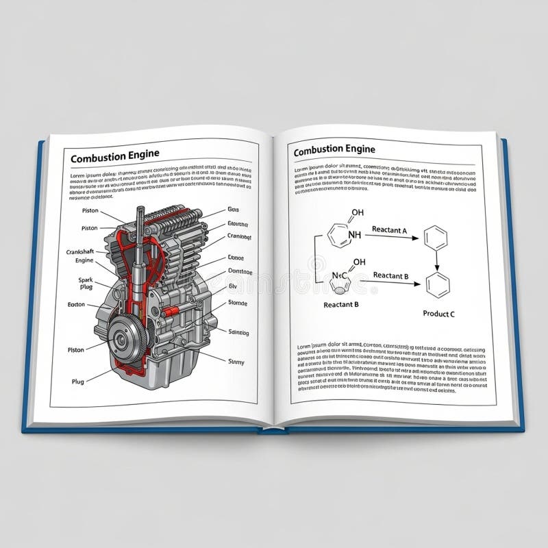 A detailed diagram of a combustion engine on the left page, featuring royalty free illustration