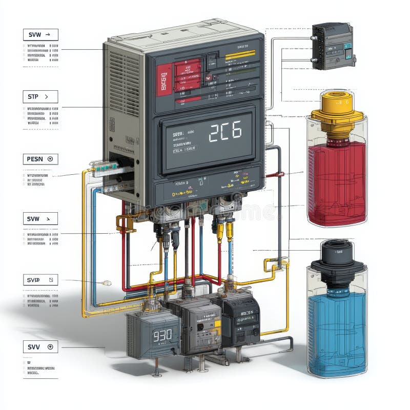 Detailed Diagram of Industrial Control System with Hydraulic Components stock illustration