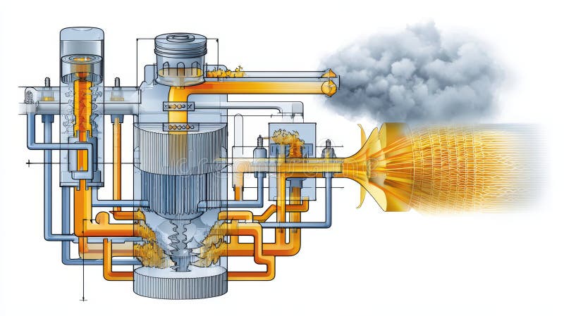 Detailed Diagram of Jet Engine Components and Exhaust Processes stock illustration