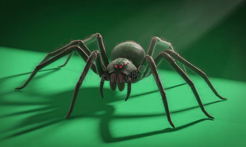 Pixelated Spider with Red Eyes on Green Screen Background in Detailed 3D Render royalty free illustration