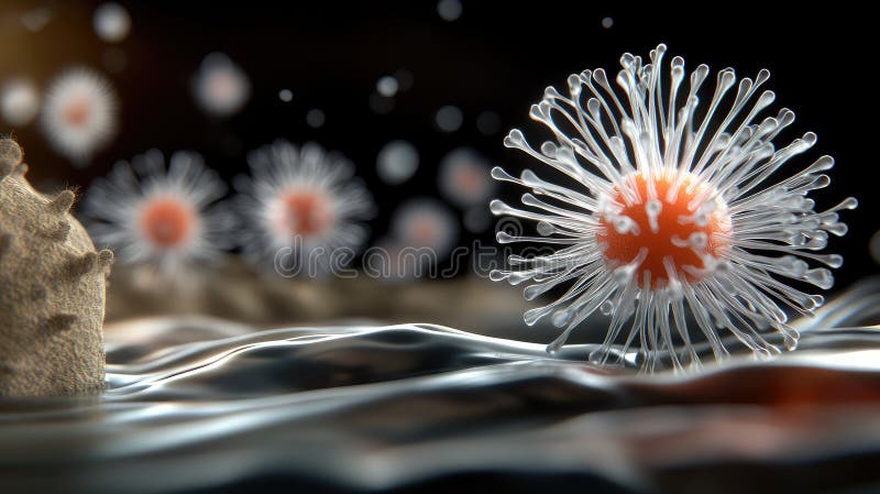 Detailed digital rendering showcases an amoeba with realistic textures and lighting effects, floating in a dark space stock illustration