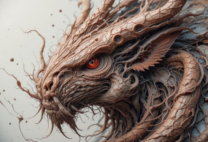 Detailed Dragon Head Close-up with Intricate Wood Texture and Red Eye vector illustration