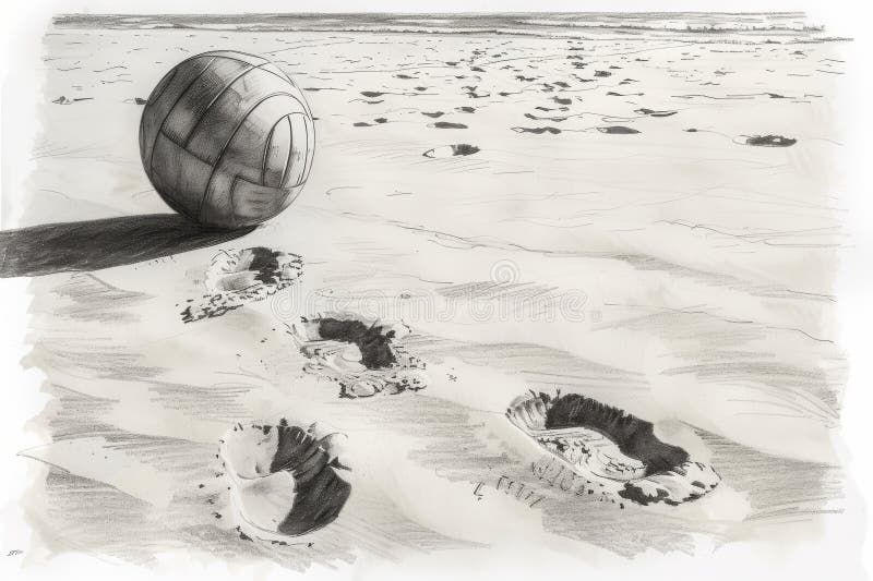 A detailed drawing featuring a beach ball and footprints left in the sandy beach, A detailed sketch of a volleyball on a sandy beach with barefoot footprints leading up to it, AI Generated.