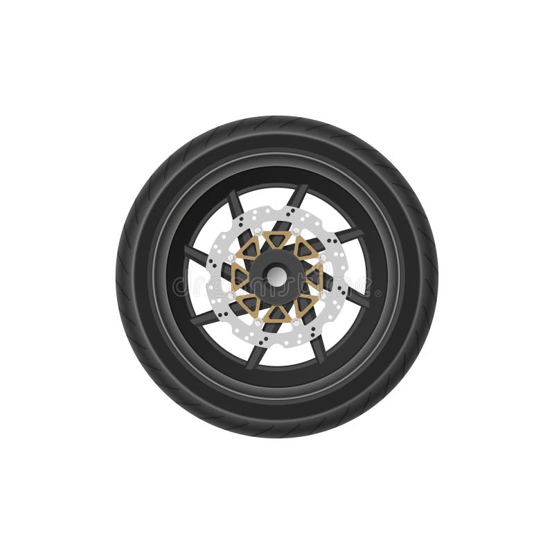 Detailed drawing of motorcycle wheel. Realistic image of detail of bike. Part of vehicle mechanism stock illustration Detailed drawing of motorcycle wheel. Realistic image of detail of bike. Part of vehicle mechanism stock illustration