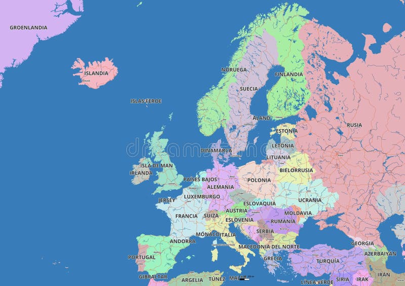 Detailed editable vector map of European Union, EU on Spanish language. The map highlights countries boundaries, major cities, highways, rivers, and geographic features. Poland map rivers vectors