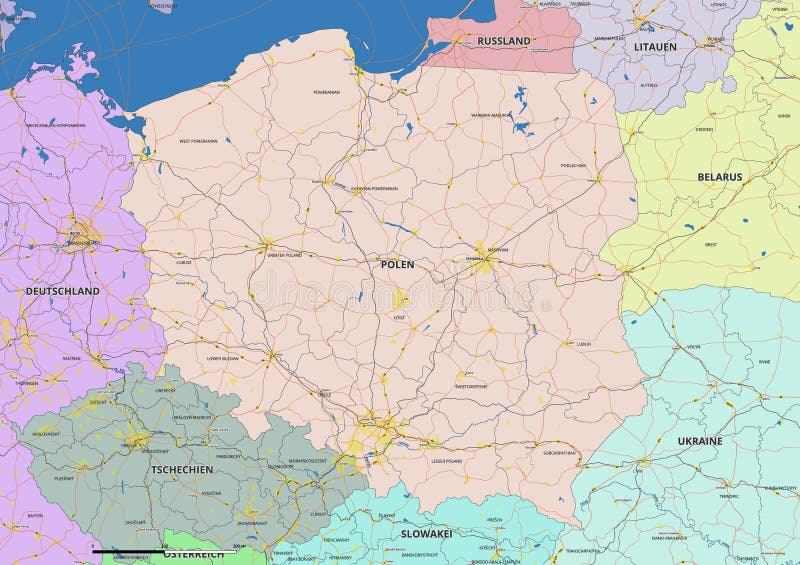 Detailed editable vector map of Poland on German language. The map highlights state boundaries, major cities, highways, rivers, and geographic features. Poland map rivers vectors