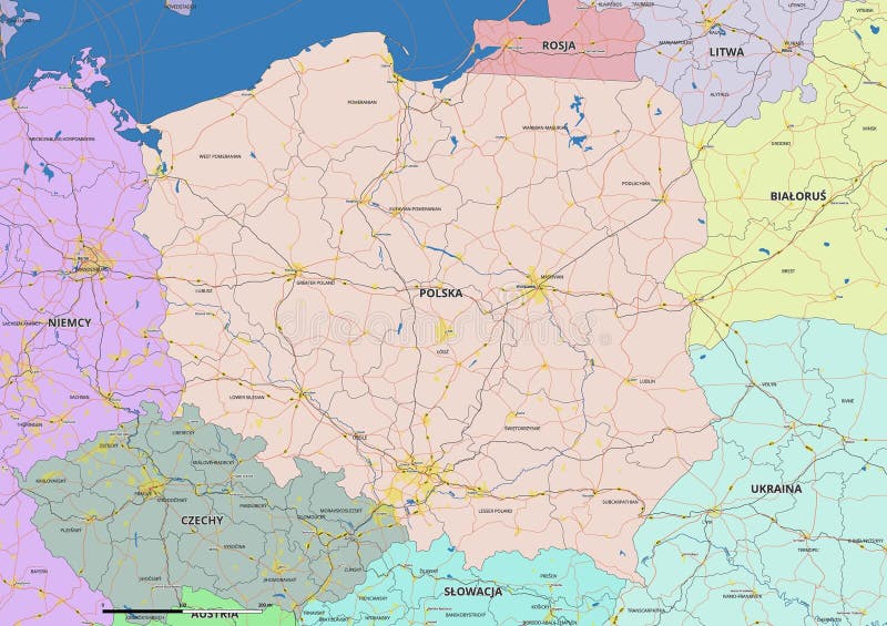 Detailed editable vector map of Poland on Polish language. The map highlights state boundaries, major cities, highways, rivers, and geographic features. Poland map rivers vectors