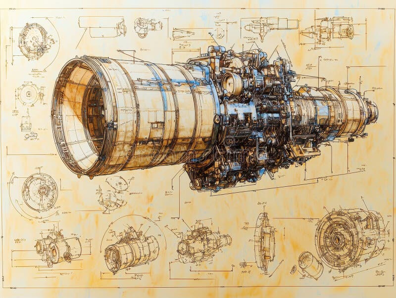Detailed Engineering Blueprint of a Jet Engine Featuring Technical Drawings and Schematics with Annotations and Measurements for vector illustration