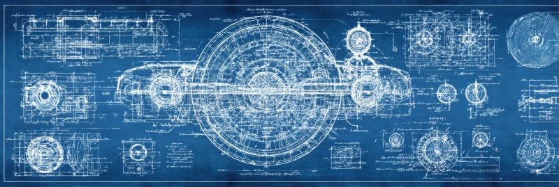 Blueprint displays precise technical drawings and annotations of a complex mechanical device, featuring gears and circular elements, in a blue design. Annotations ai stock images, royalty-free photos and pictures