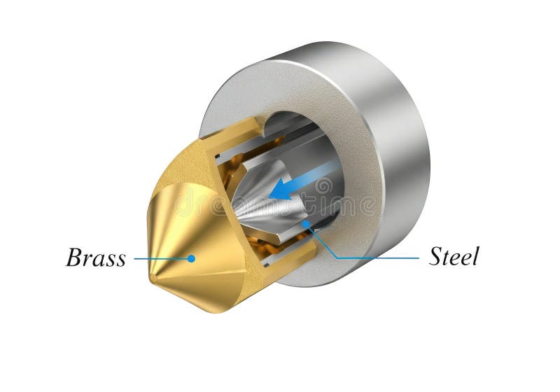 Detailed engineering cross-section of a brass and steel flow component royalty free illustration