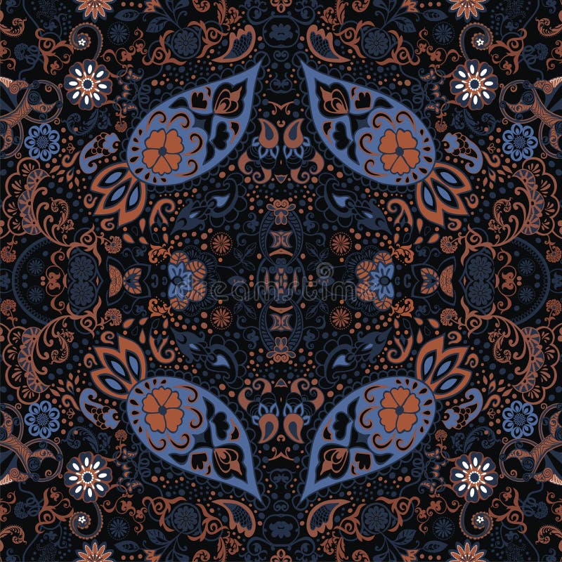 Detailed floral and paisley scarf design.Seamless retro pattern.