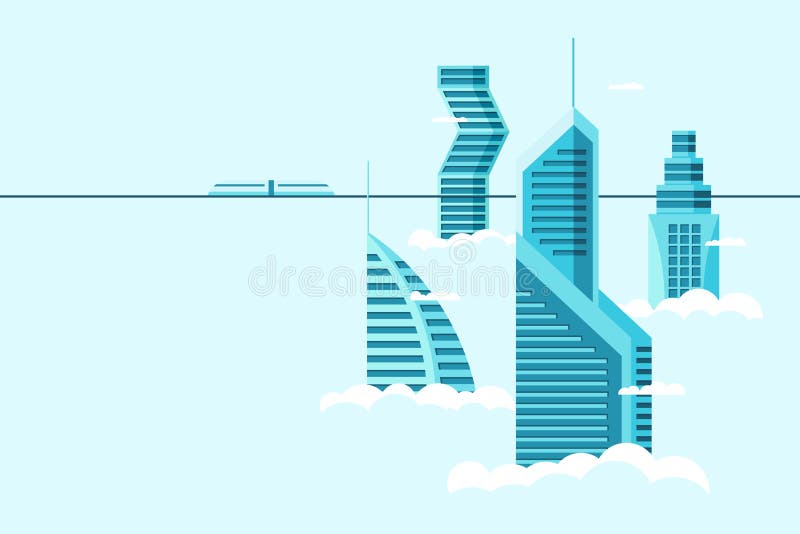 Detailed future city with different architecture high buildings skyscrapers apartments above clouds. Futuristic.