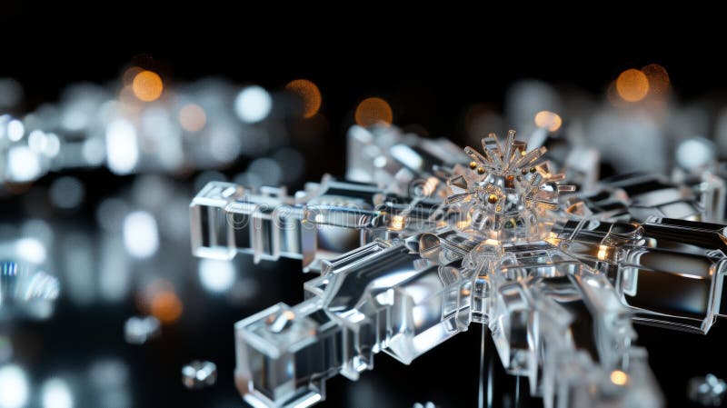 Detailed glass snowflake with reflective surface and bokeh background stock photos