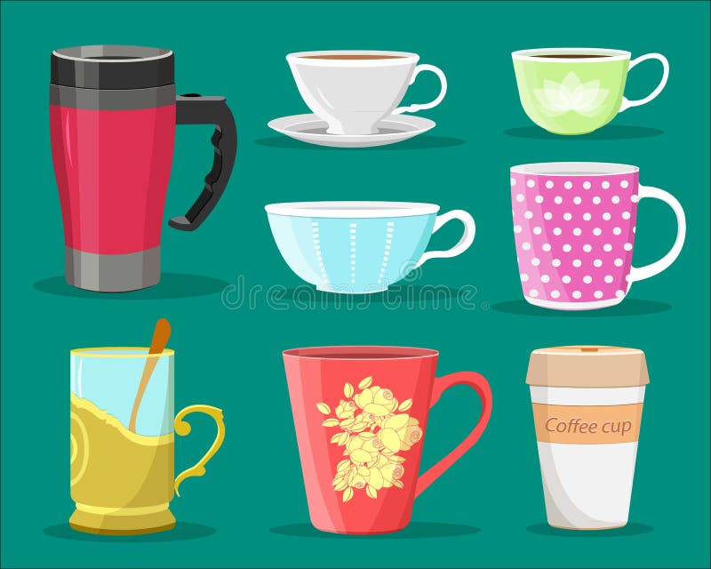 Detailed graphic set of colorful cups for coffee and tea, glass with spoon and paper coffee cup. Flat style. vector illustration Detailed graphic set of colorful cups for coffee and tea, glass with spoon and paper coffee cup. Flat style. vector illustration