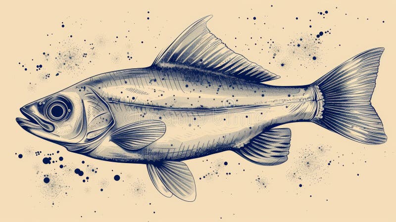 A detailed hand-drawn illustration of a fish with blue ink on a beige background vector illustration