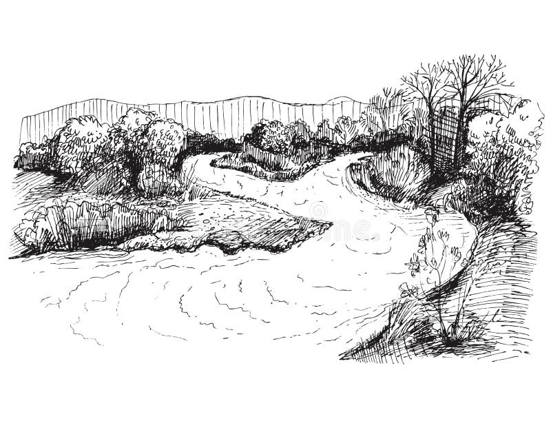 Detailed Hand Drawn Ink Black and White Illustration of River, Tree