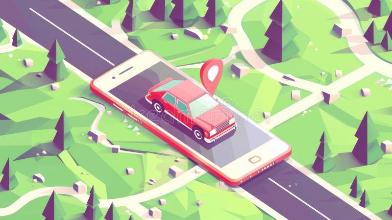 Detailed illustration of car and smartphone with GPS navigation. Digital service for vehicle with location search on stock photos