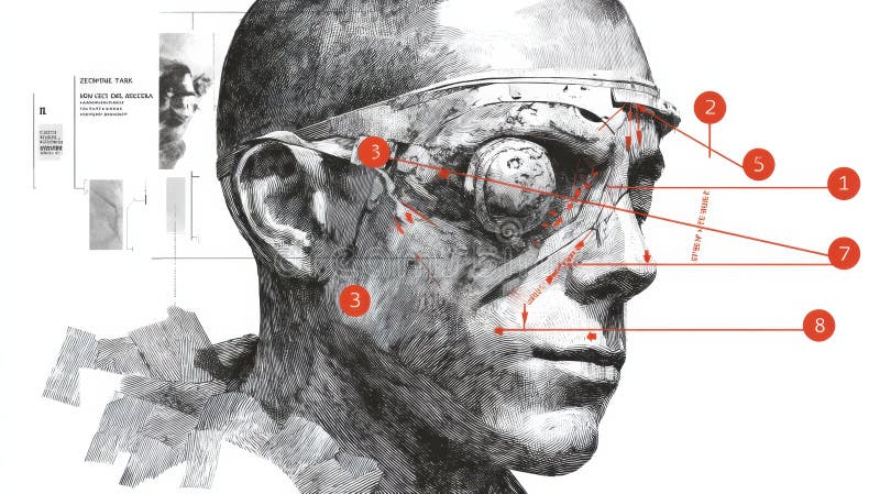 A detailed illustration shows a human head model featuring annotations and markings to highlight specific facial features and artistic elements for analysis. Annotations ai stock images, royalty-free photos and pictures
