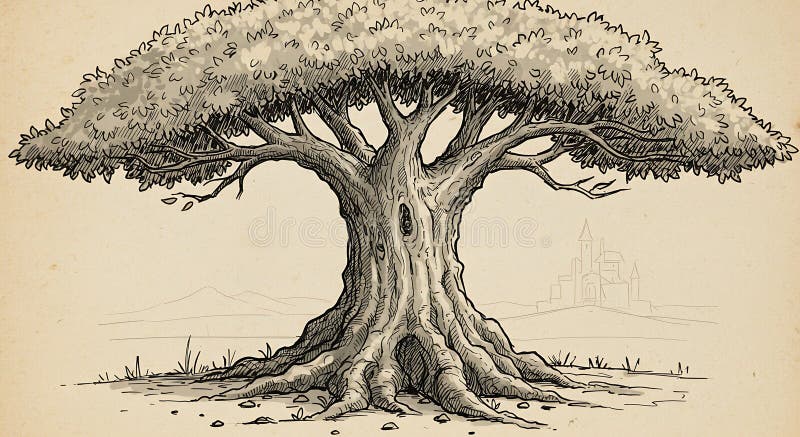 A detailed illustration of a large, ancient tree with an expansive canopy of leaves. vector illustration