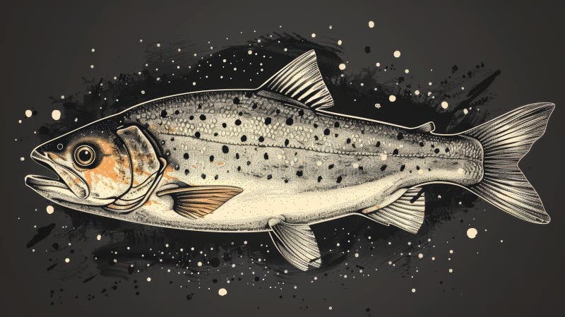 A detailed illustration of a trout fish with a black and white splattered background vector illustration