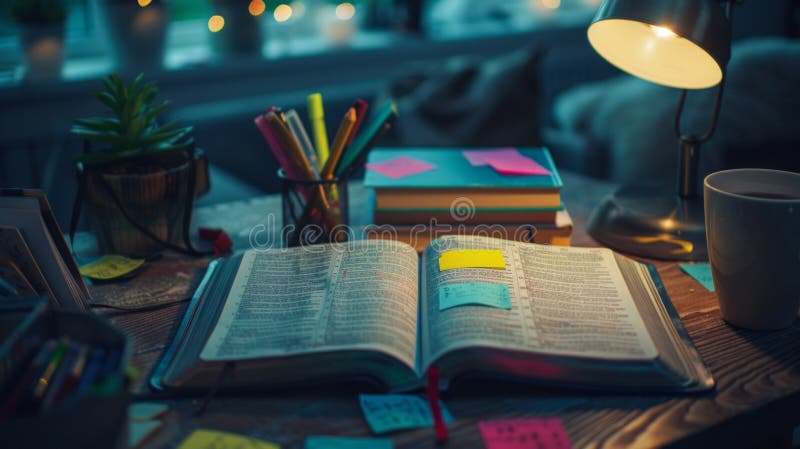 A detailed image of a cozy study nook featuring an open Bible with colorful annotations, surrounded by books, a bright lamp, and green plants. Annotations ai stock images, royalty-free photos and pictures