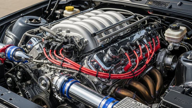 Red ignition wires are neatly arranged across the engine s aluminum valve covers royalty free illustration