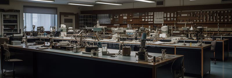 A detailed image of a laboratory, with scientific instruments and equipment visible on the workbenches and tables, concept of Experimental procedures and Chemical reactions, created with Generative AI technology