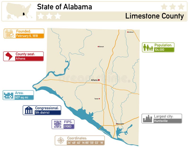 Map of Limestone County in Alabama USA Stock Illustration Illustration of athens, geography