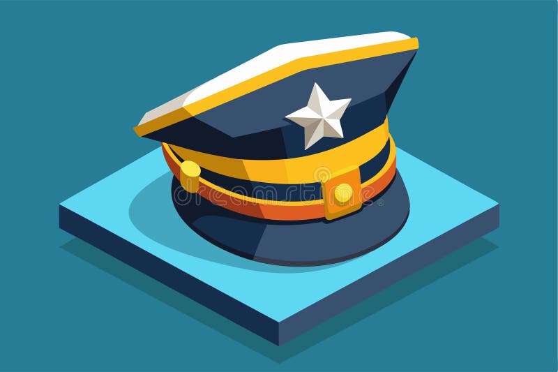 A detailed isometric depiction of a captain\'s hat resting on a flat blue surface royalty free illustration