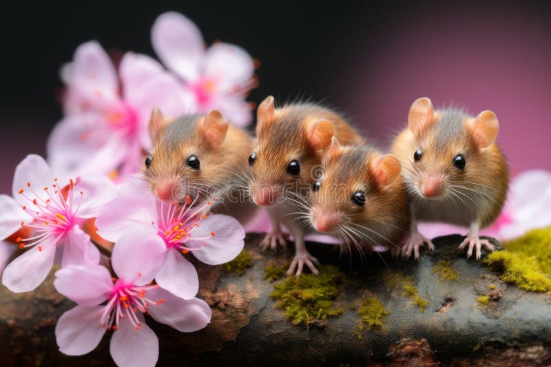 Detailed macro capture of mice gathering nectar from colorful flowers in vibrant blur royalty free illustration