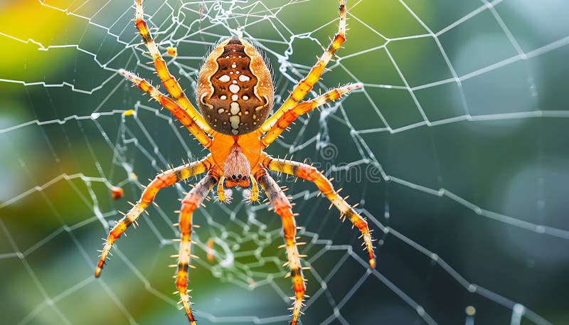 Detailed macro capture of a spider positioned in the center of its intricate web royalty free illustration