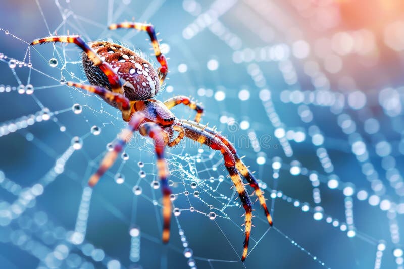 Detailed macro capture of a spider positioned at the center of its intricate web vector illustration