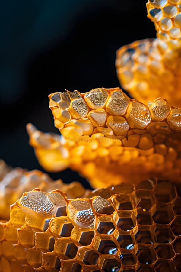 Macro shot of honeycomb structure, highlighting its geometric cells, warm golden hues, and the intricate design of stock photography
