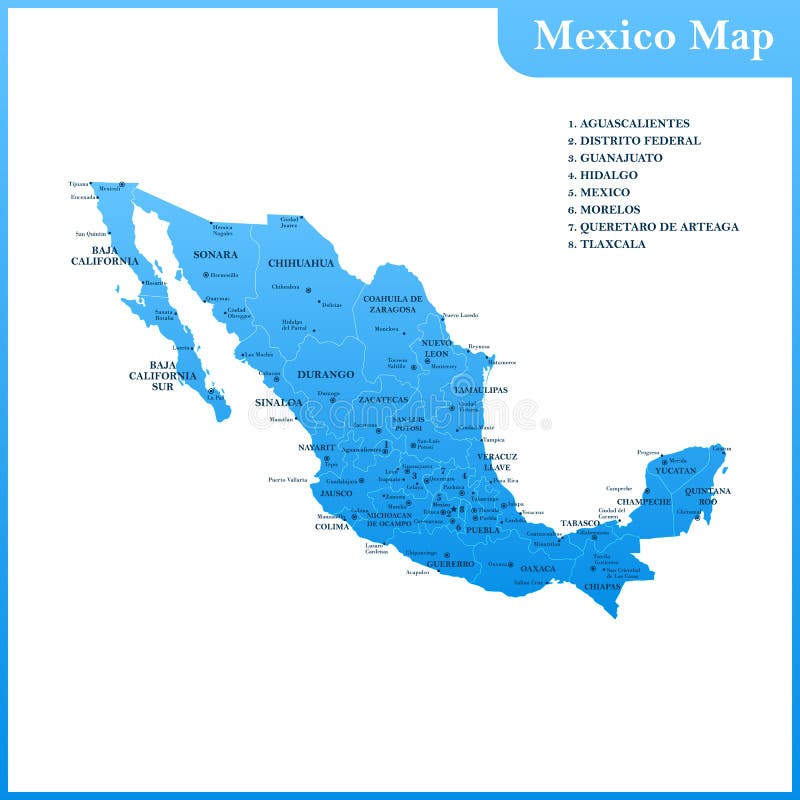 The Detailed Map Of The Mexico With Regions Or States And Cities Stock