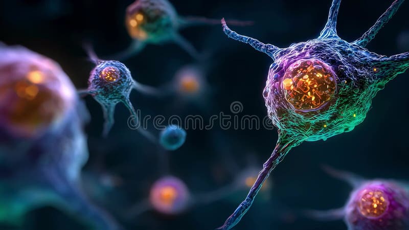 Detailed microscopic view of immune systems memory phase showcasing glowing antigen keys embedded within memory Bcells royalty free illustration