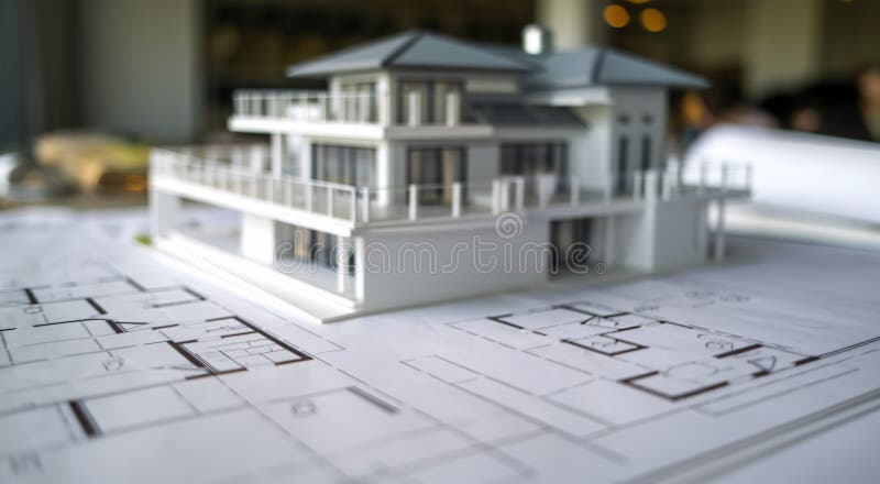 Detailed Model of a House on Architectural Blueprints stock illustration